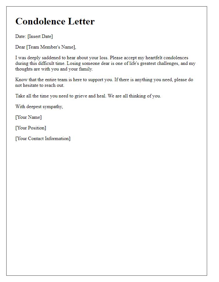 Letter template of condolence for a team members loss