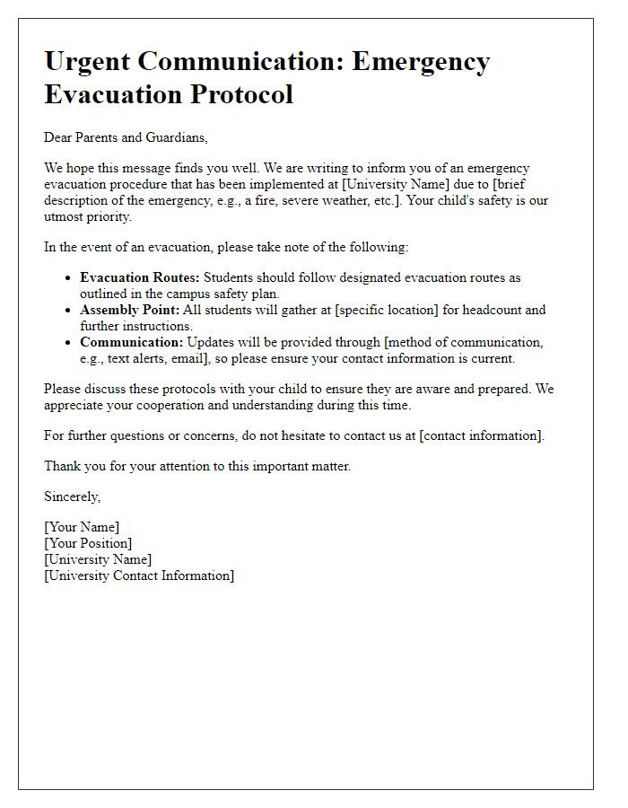 Letter template of university emergency evacuation communication for parents