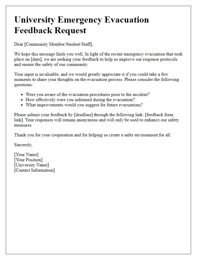 Letter template of university emergency evacuation feedback request for the community