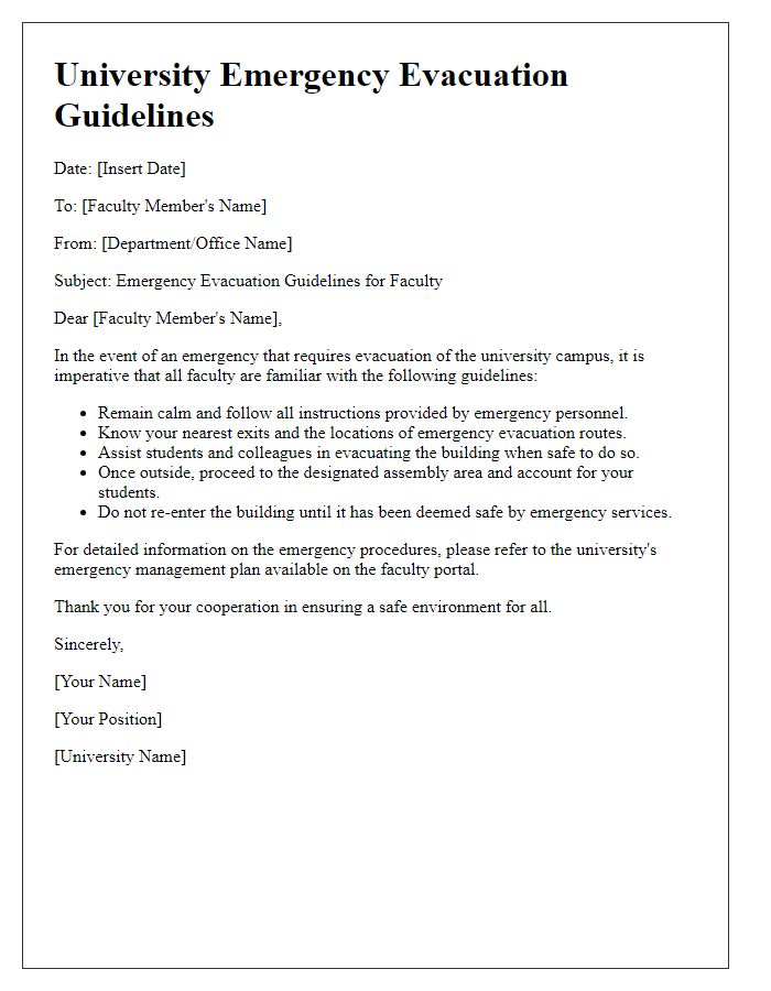 Letter template of university emergency evacuation guidelines for faculty