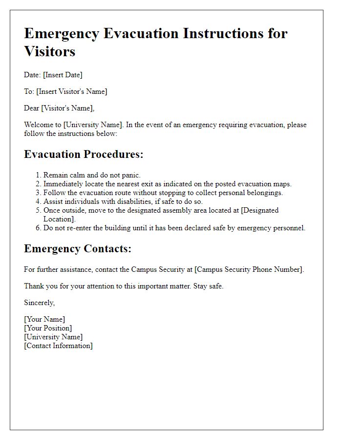 Letter template of university emergency evacuation instructions for visitors