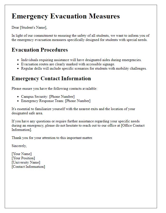 Letter template of university emergency evacuation measures for special needs students