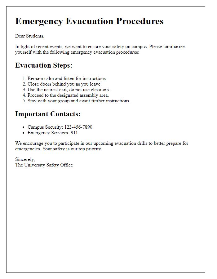 Letter template of university emergency evacuation procedures for students