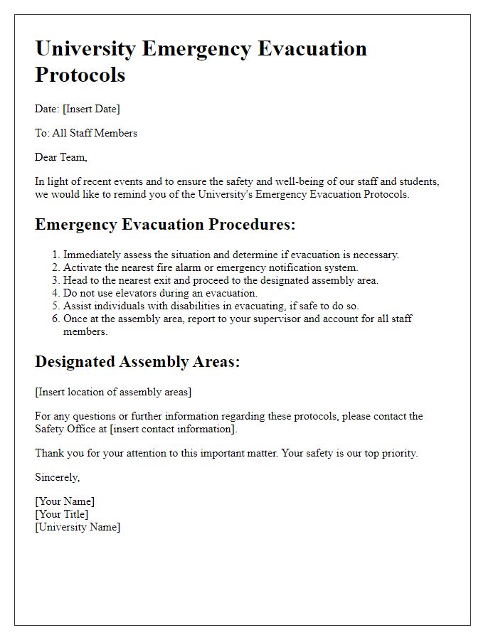 Letter template of university emergency evacuation protocols for staff