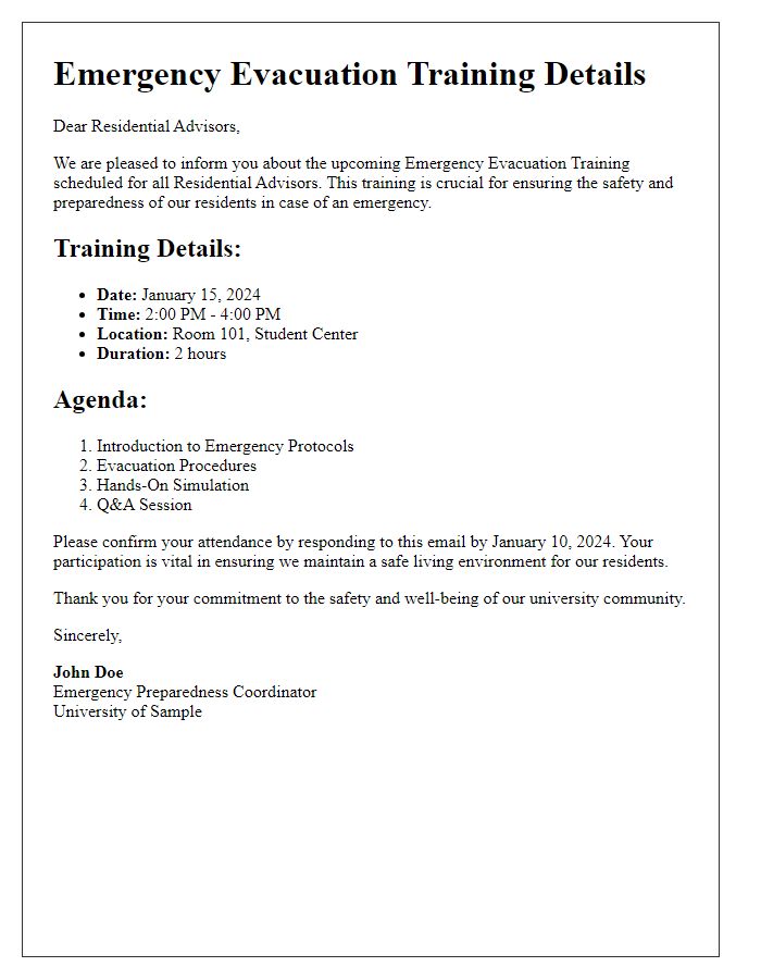 Letter template of university emergency evacuation training details for residential advisors