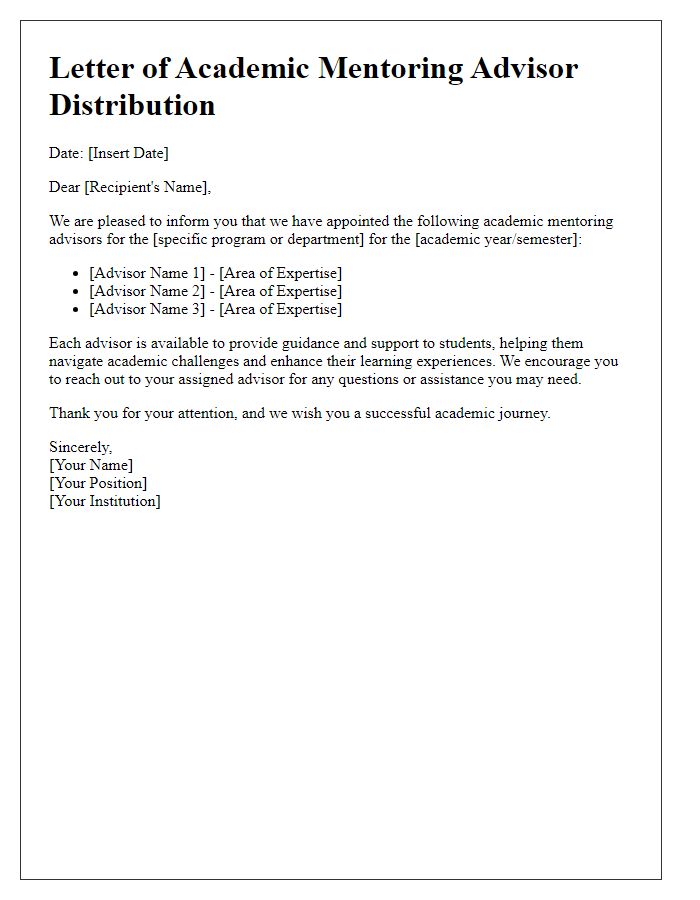 Letter template of academic mentoring advisor distribution.