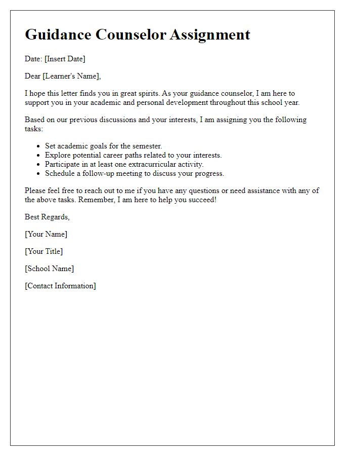 Letter template of guidance counselor assignment for learners.