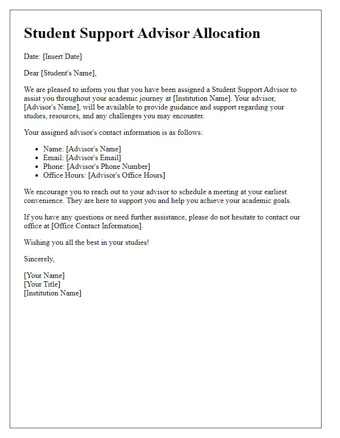 Letter template of student support advisor allocation.