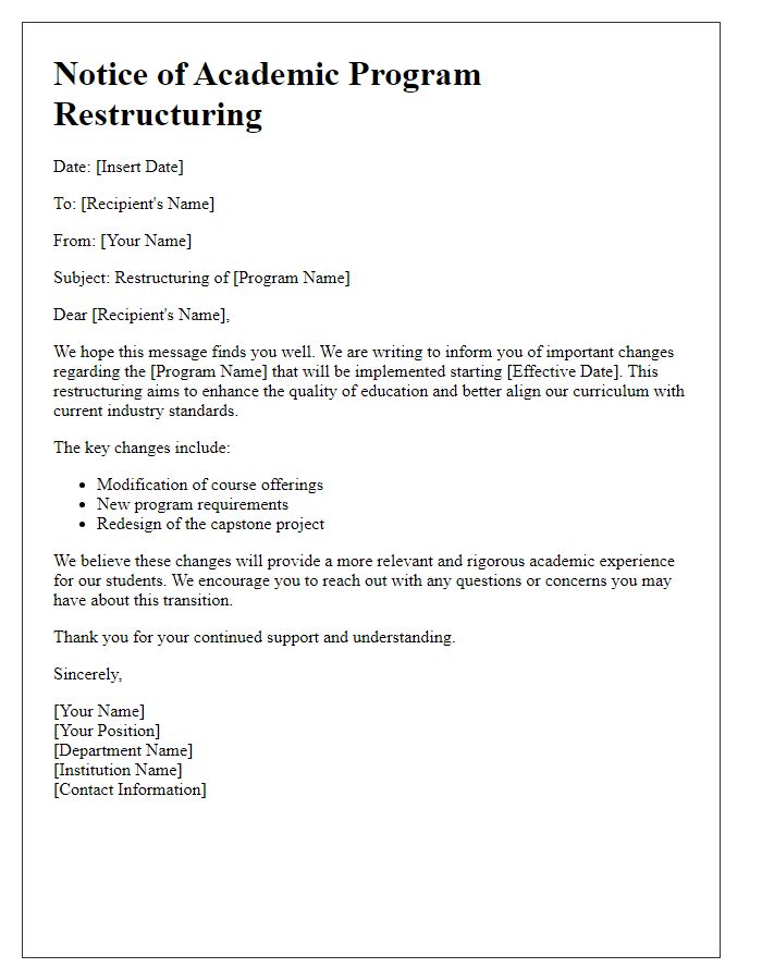 Letter template of academic program restructuring notice.