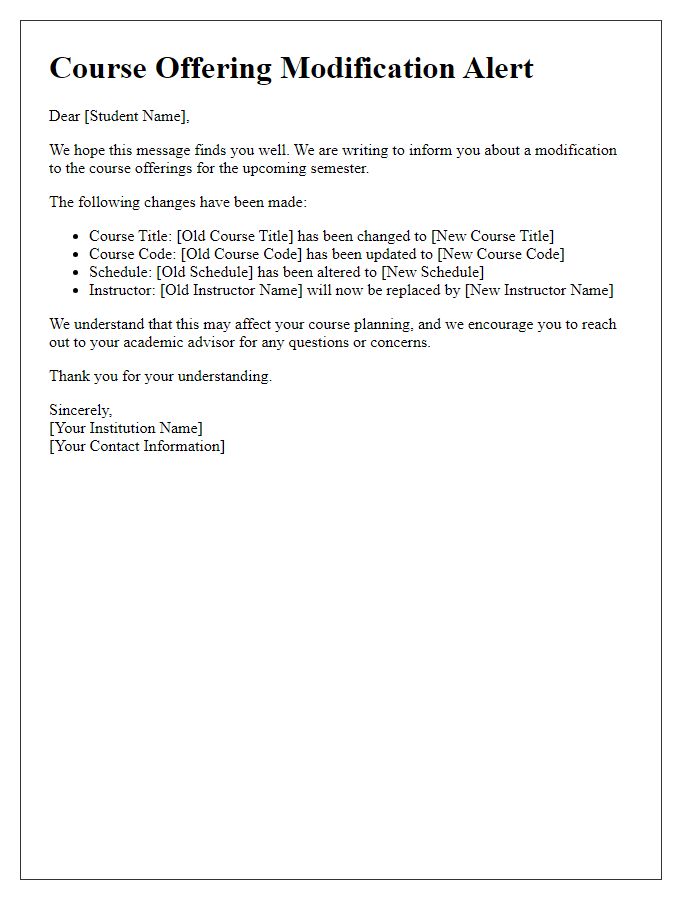 Letter template of course offering modification alert.