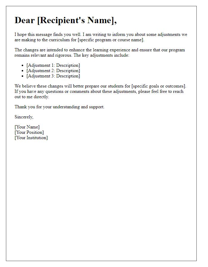 Letter template of curriculum adjustment communication.