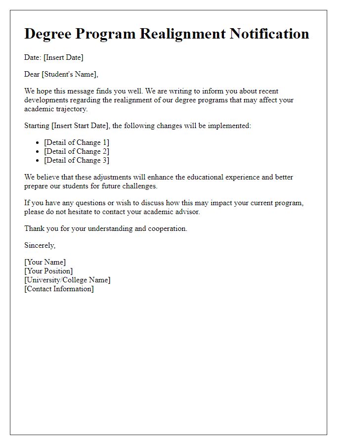 Letter template of degree program realignment information.