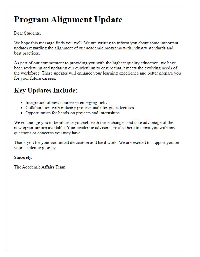 Letter template of program alignment update for students.