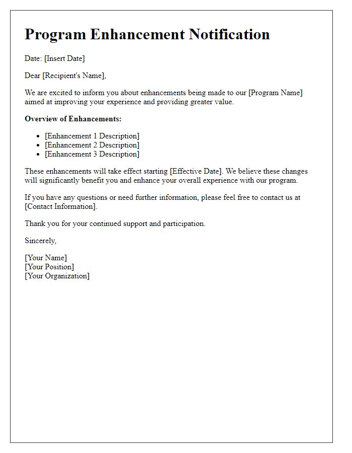 Letter template of program enhancement notification.