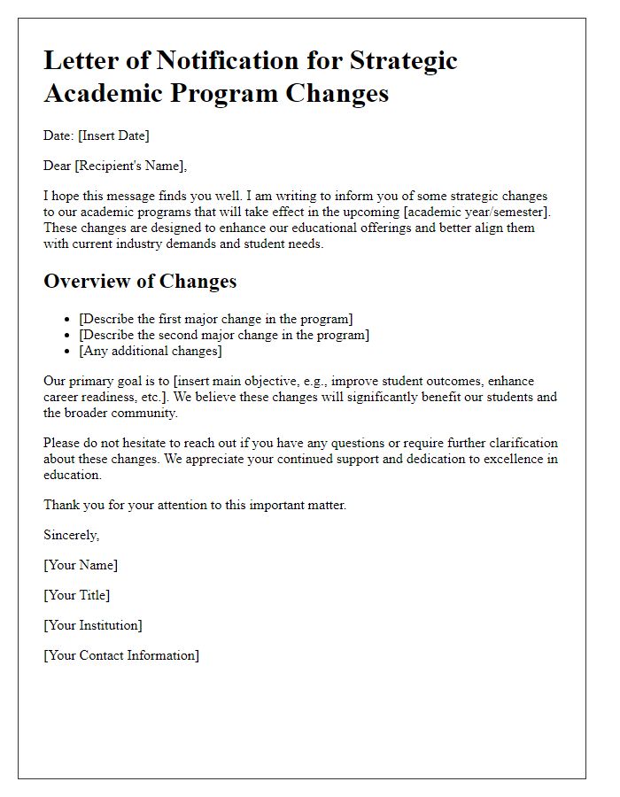 Letter template of strategic academic program changes.