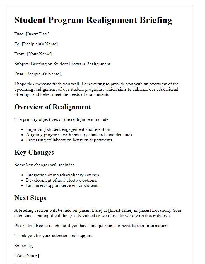 Letter template of student program realignment briefing.