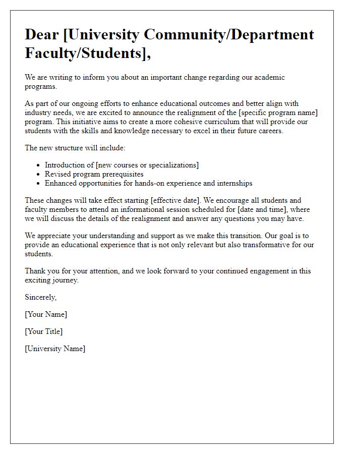 Letter template of university program realignment announcement.