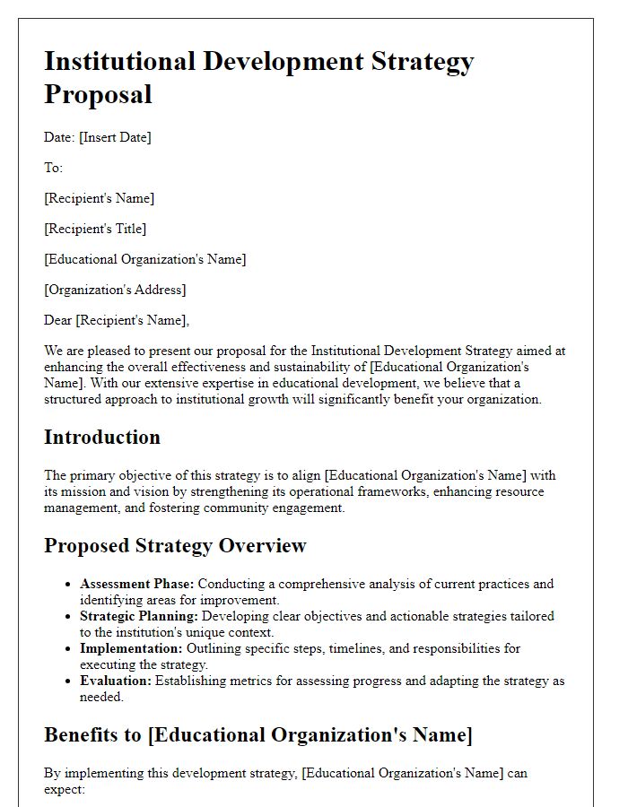 Letter template of institutional development strategy proposal for educational organizations.