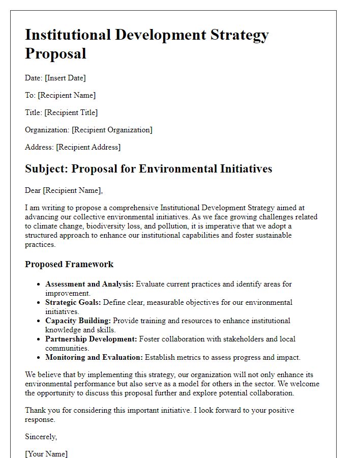 Letter template of institutional development strategy proposal for environmental initiatives.