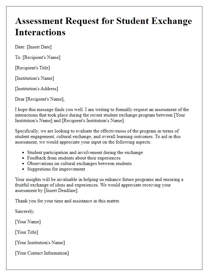 Letter template of assessment request for student exchange interactions