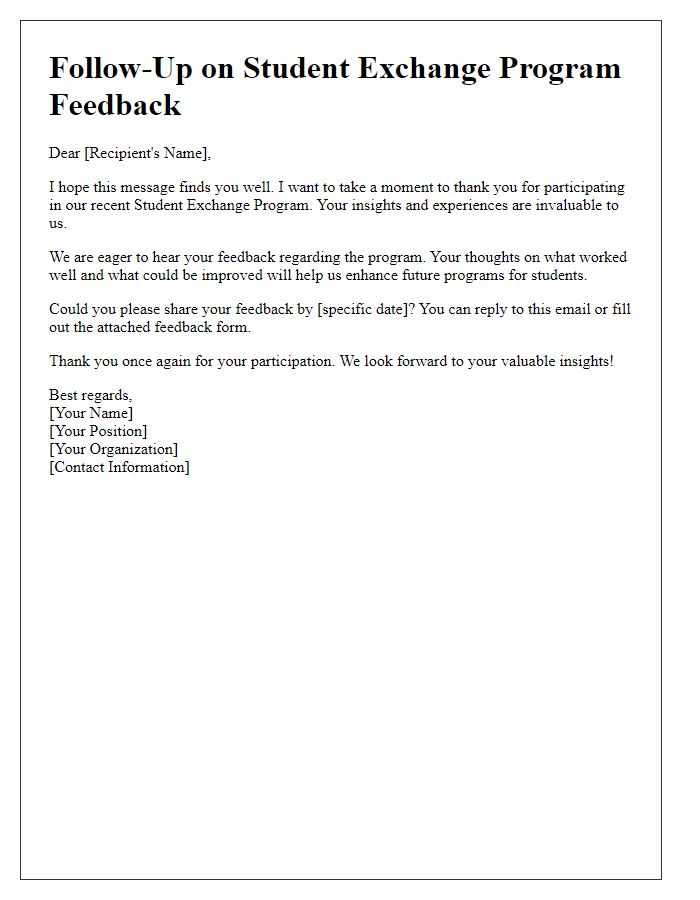 Letter template of follow-up for student exchange program feedback