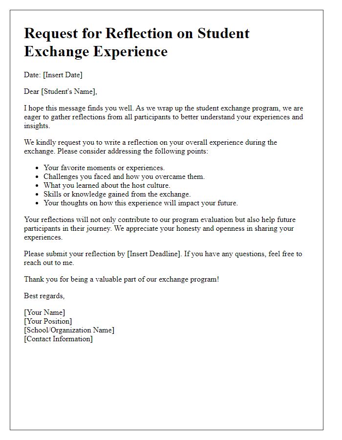 Letter template of reflection request for student exchange experiences