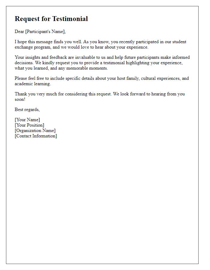 Letter template of testimonials request for student exchange participants