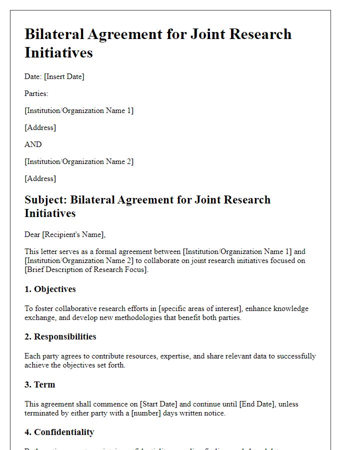 Letter template of bilateral agreement for joint research initiatives.