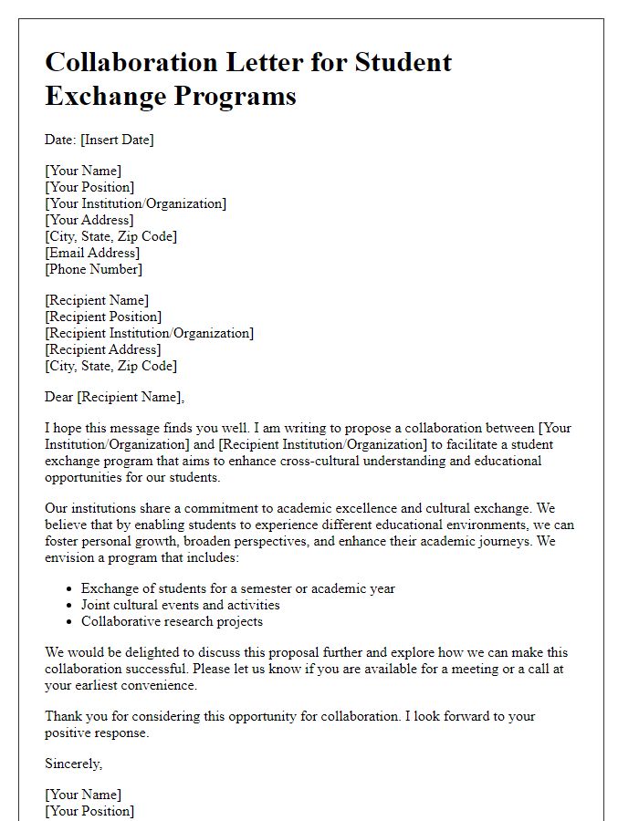 Letter template of collaboration letter for student exchange programs.