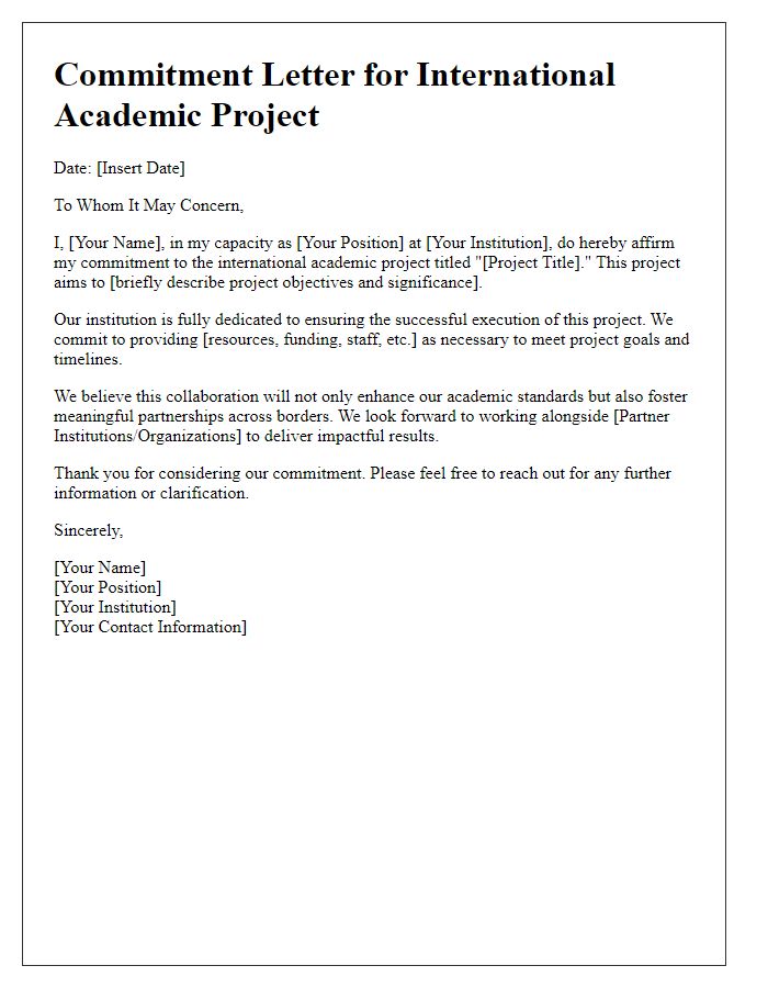 Letter template of commitment letter for international academic projects.