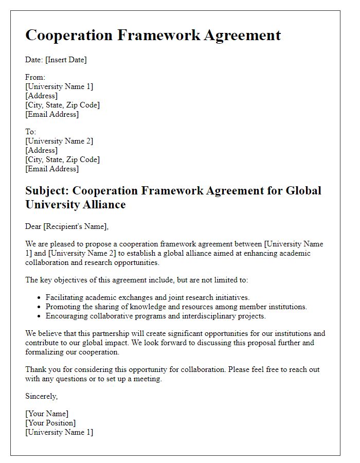 Letter template of cooperation framework agreement for global university alliance.