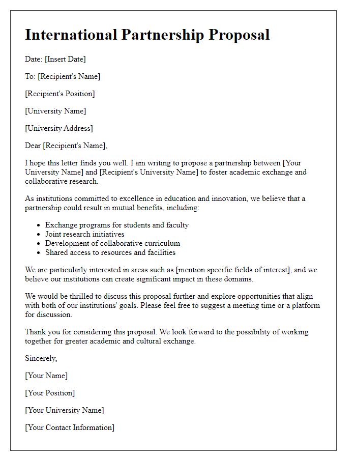 Letter template of international partnership proposal for university cooperation.