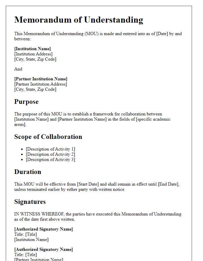 Letter template of memorandum of understanding for academic collaboration.