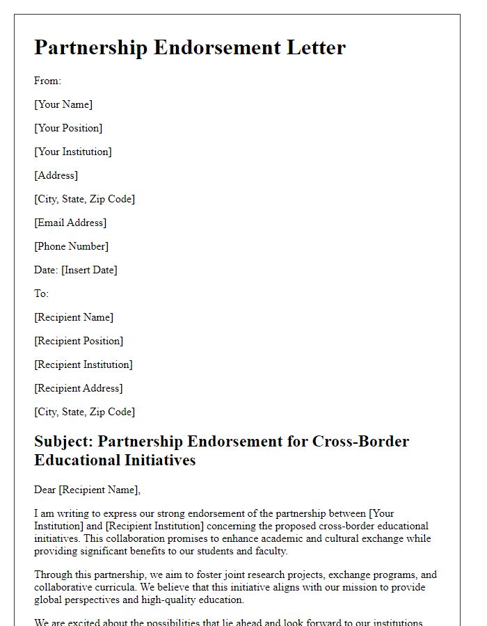 Letter template of partnership endorsement for cross-border educational initiatives.