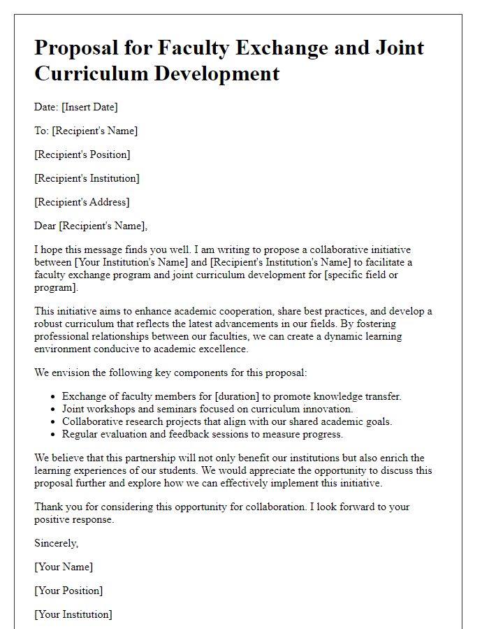 Letter template of proposal for faculty exchange and joint curriculum development.