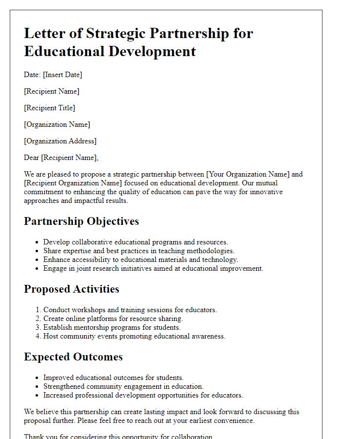 Letter template of strategic partnership outline for educational development.