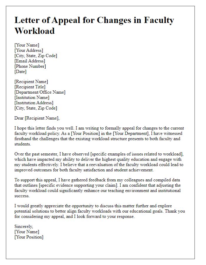 Letter template of appeal for changes in faculty workload