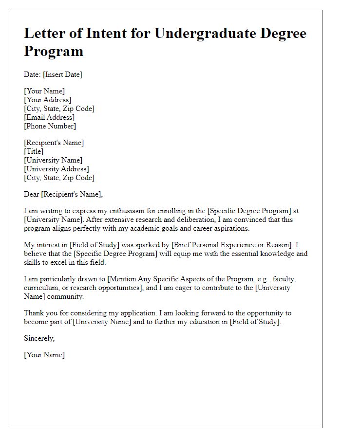 Letter template of undergraduate degree program choice