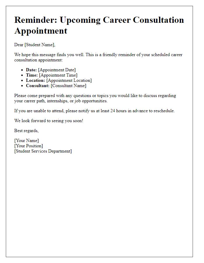 Letter template of career consultation reminder for student services.
