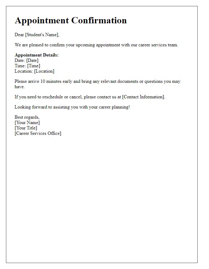 Letter template of career services appointment confirmation for students.