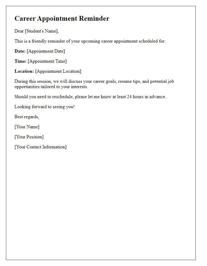 Letter template of personalized career appointment reminder for students.