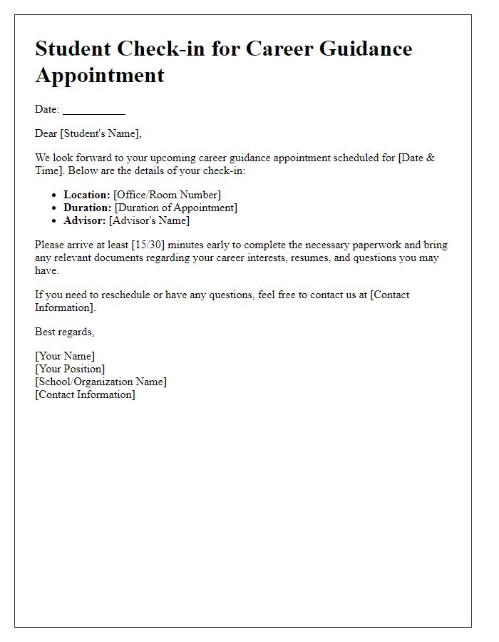 Letter template of student check-in for career guidance appointment.