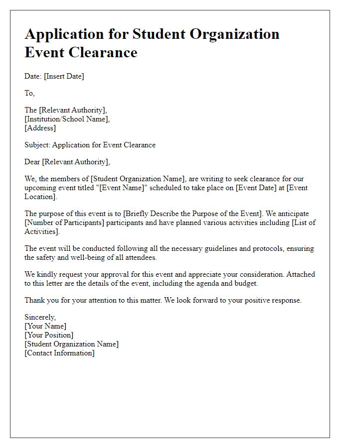 Letter template of application for student organization event clearance