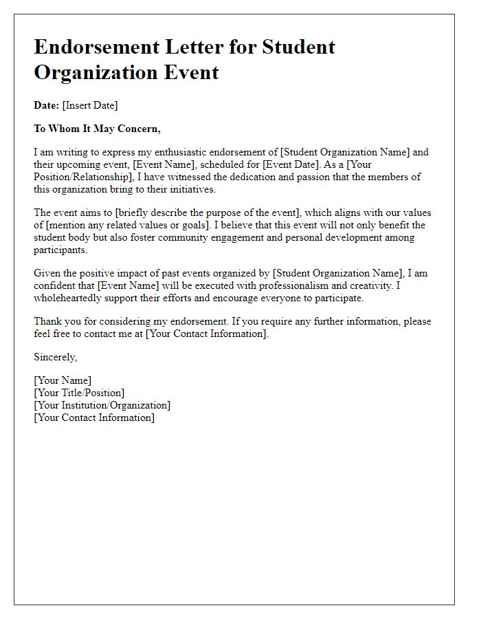 Letter template of endorsement for student organization event planning