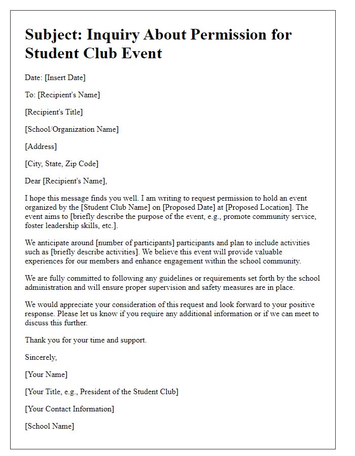 Letter template of inquiry for student club event permission