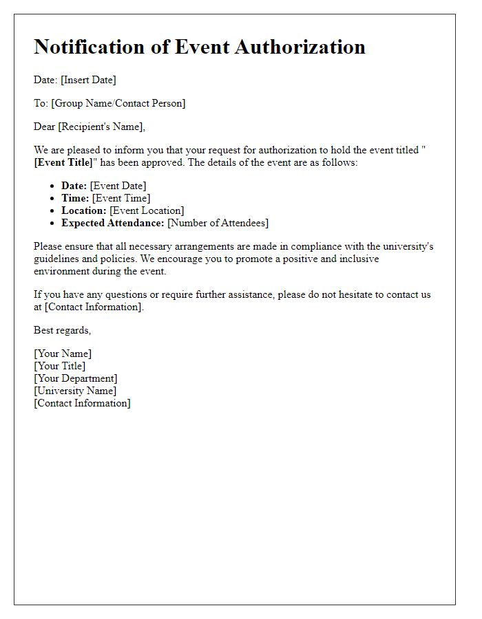 Letter template of notification for student group event authorization