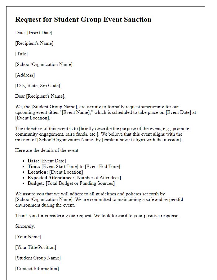 Letter template of request for student group event sanction