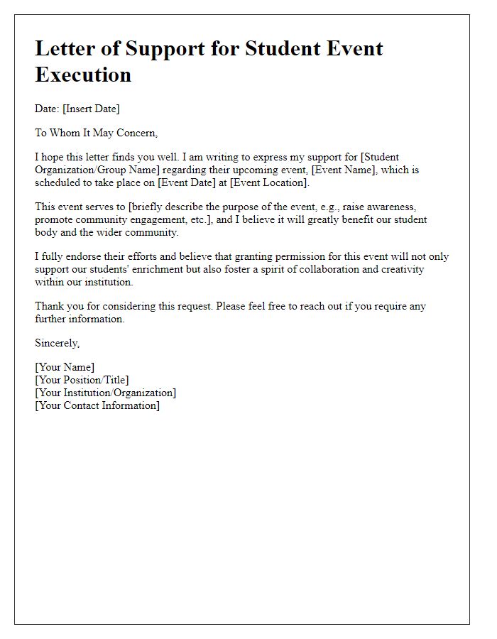 Letter template of support for student event execution permission