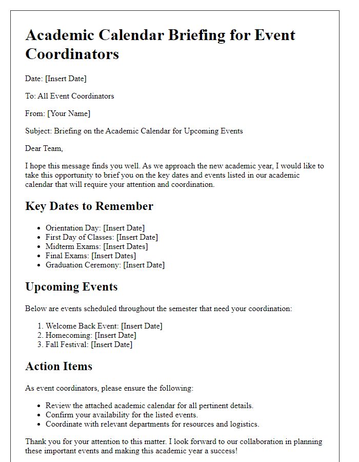 Letter template of academic calendar briefing for event coordinators.