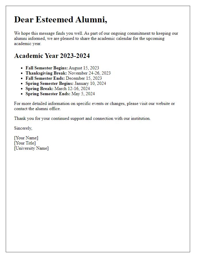 Letter template of academic calendar dissemination for alumni.